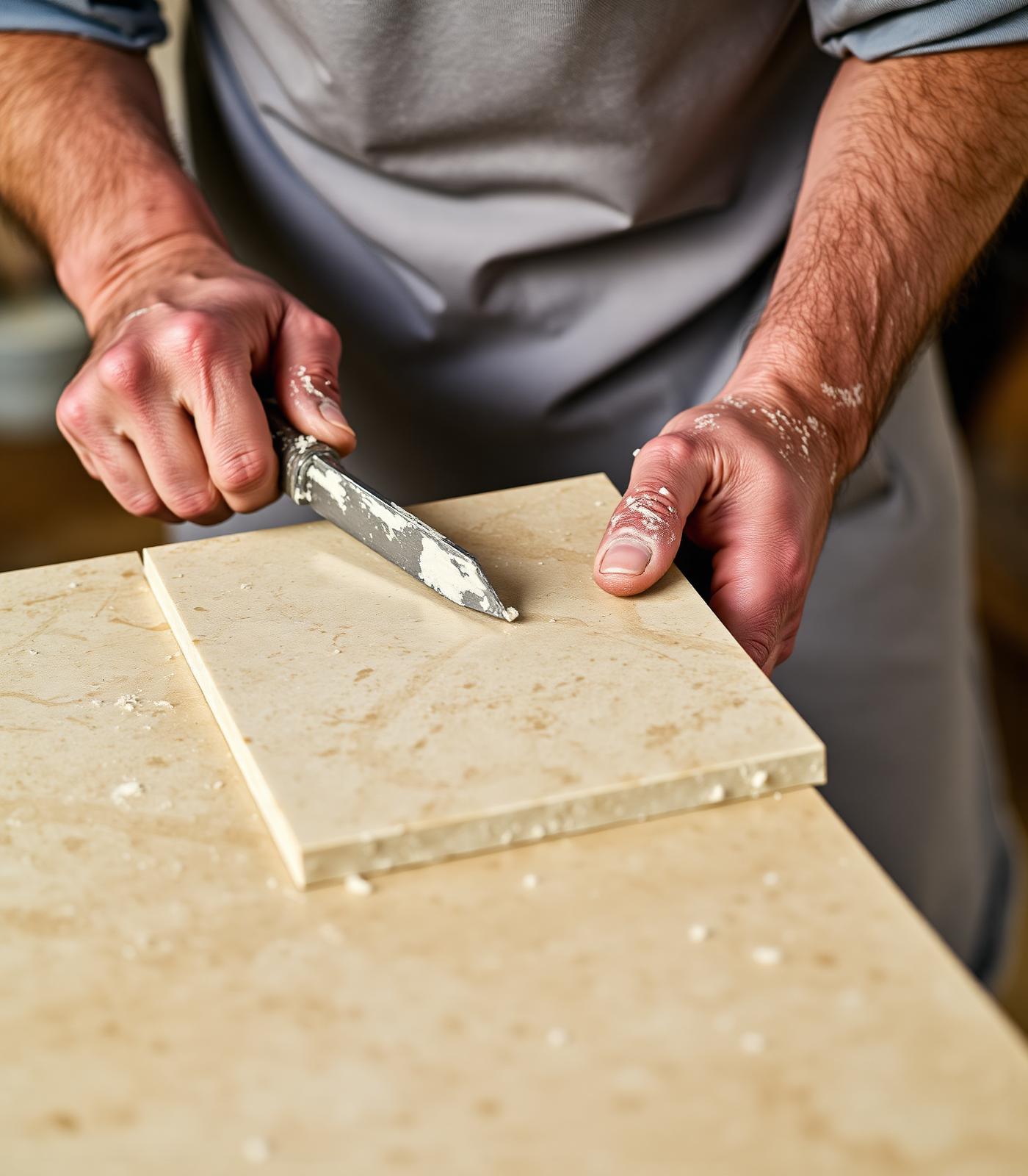Artisan travaillant une dalle de pierre naturelle