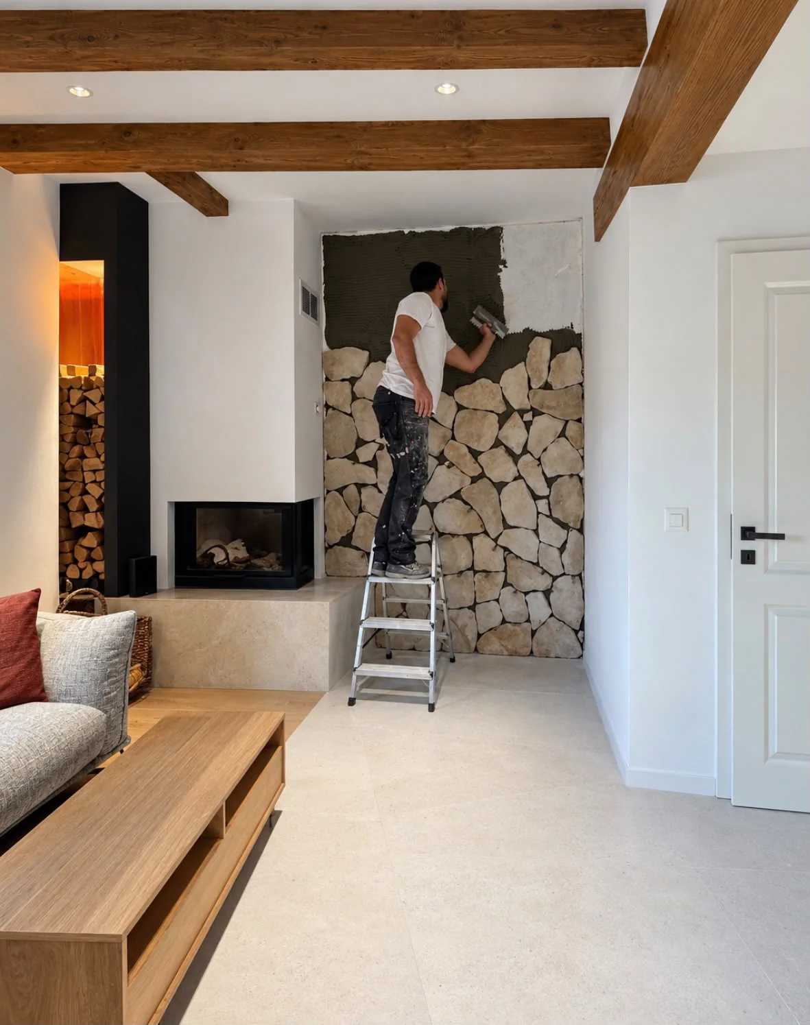 Poseur sur un escabeau habillant un mur de pierre naturelle dans un séjour