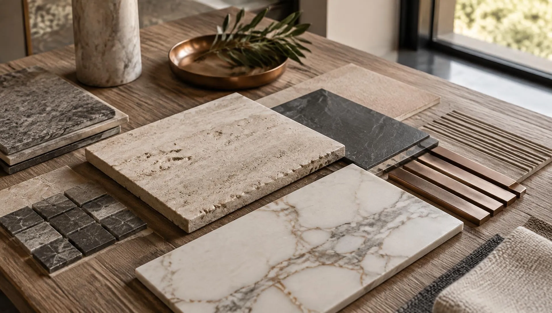 Échantillons de pierre, céramique et mosaïque sur une table en bois